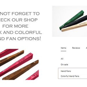 May include: Assortment of colourful hand fans with intricate designs. The fans are made of wood and have a variety of colours, including green, black, brown, and pink. The text "DO NOT FORGET TO CHECK OUR SHOP FOR MORE BULK AND COLOURFUL HAND FAN OPTIONS!" is visible in the image.