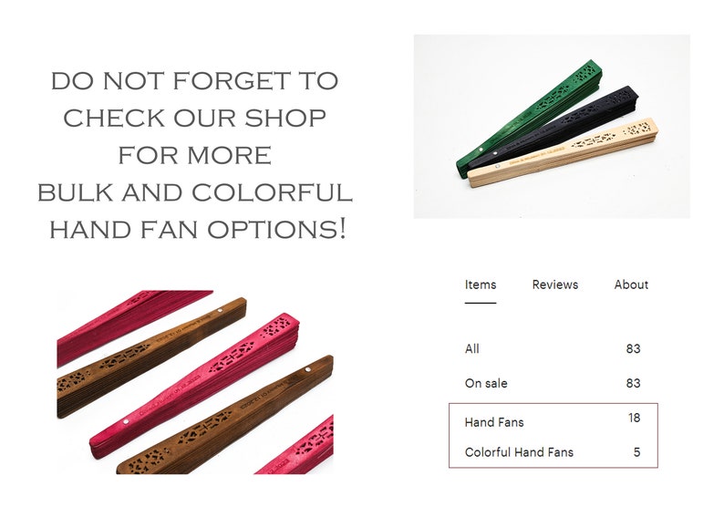 May include: Assortment of colourful hand fans with intricate designs. The fans are made of wood and have a variety of colours, including green, black, brown, and pink. The text "DO NOT FORGET TO CHECK OUR SHOP FOR MORE BULK AND COLOURFUL HAND FAN OPTIONS!" is visible in the image.