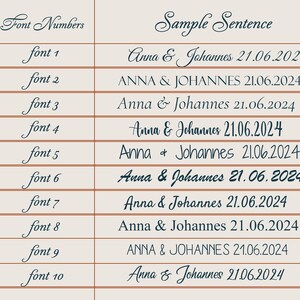 May include: A chart displaying 10 different font styles for the text "Anna & Johannes 21.06.2024". Each font style is numbered from 1 to 10.
