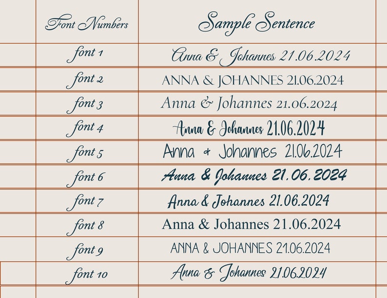 May include: A chart displaying 10 different font styles for the text "Anna & Johannes 21.06.2024". Each font style is numbered from 1 to 10.