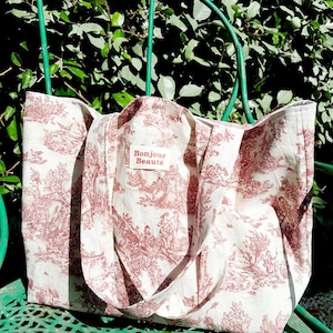 Upcycled toile de jouy tote bag