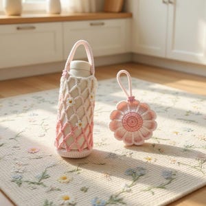 May include: A white and pink crocheted water bottle holder with daisy accents and a matching pink crocheted coaster, both on a floral patterned rug. The holder is designed to fit a standard size water bottle.