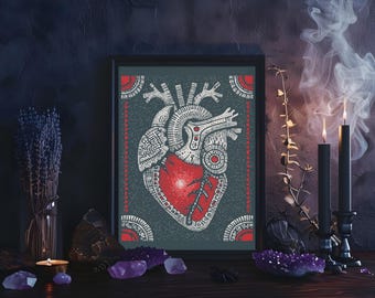 Könnte beinhalten: Gerahmter Kunstdruck mit einer detaillierten anatomischen Herzillustration in Rot und Weiß auf dunklem Teal-Hintergrund. Das Kunstwerk ist von Kerzen, Kristallen und Lavendel umgeben, was eine mystische Ästhetik erzeugt.