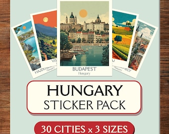 Puede incluir: Un paquete de pegatinas con cinco postales ilustradas con paisajes urbanos húngaros. Las postales están dispuestas sobre un fondo azul claro, con una pancarta roja y blanca que dice "HUNGARY STICKER PACK" y "30 CITIES x 3 SIZES".
