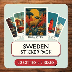 May include: A sticker pack featuring illustrations of various Swedish cities. The pack includes multiple stickers with images of landmarks and landscapes, including a red lighthouse and a moose. The text "SWEDEN STICKER PACK" is displayed prominently.
