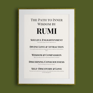 Può includere: Una stampa incorniciata con bordo dorato presenta il testo "IL CAMMINO VERSO LA SAGGEZZA INTERIORE DI RUMI". Sotto, elenca concetti come "ILLUMINAZIONE DELL'ANIMA" e "AMORE E ATTRAZIONE DIVINI", ciascuno con una citazione. Lo sfondo è bianco.