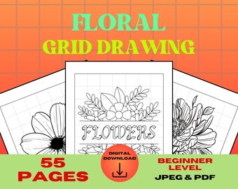 Grid Drawing Worksheets for Learning Floral Illustration, Beginner Level 55 Pages Bundle, JPEG & PDF Files, 8.5'' x 11'', Drawing Exercise