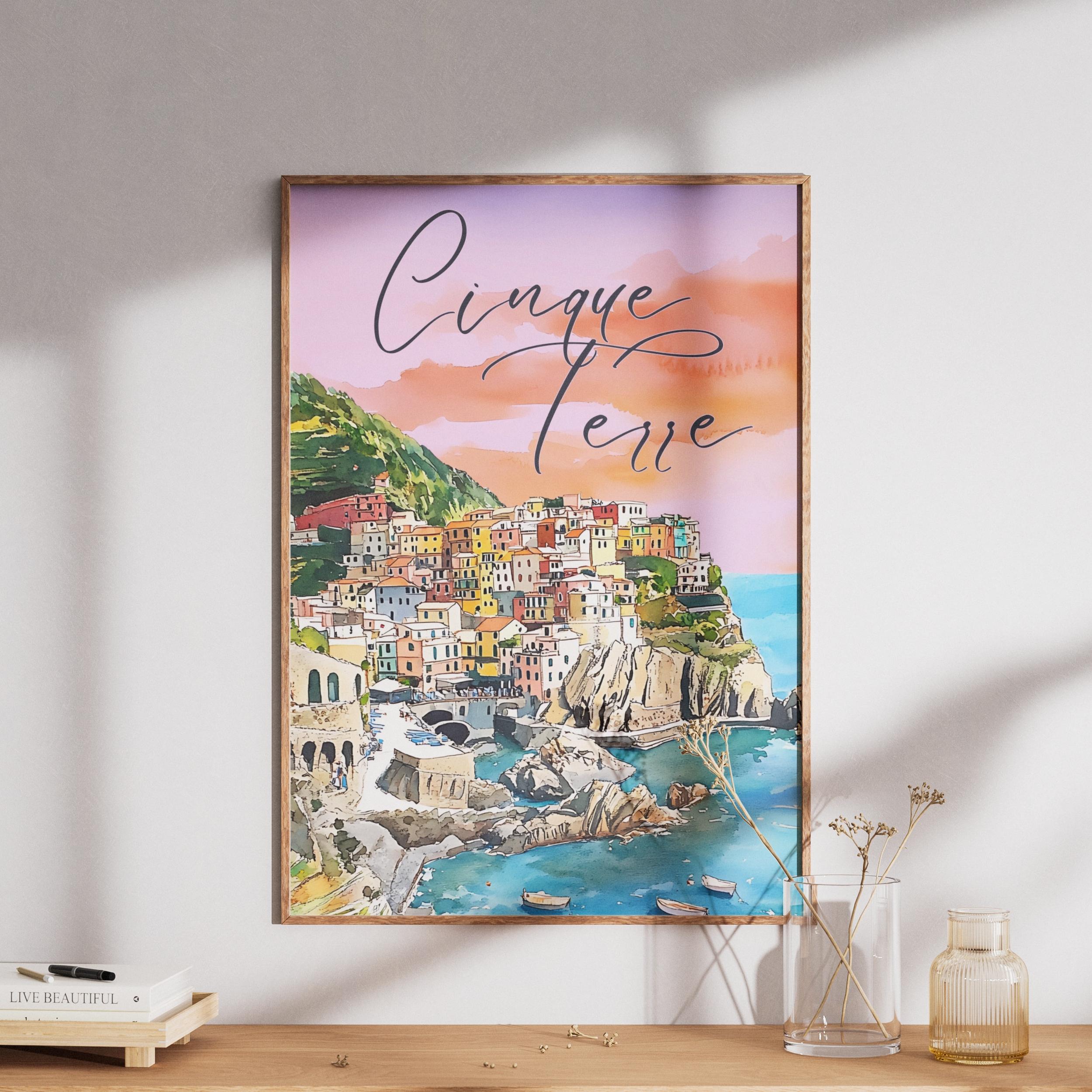 Cinque Terre Watercolor Art Print, Italian Coastal Village (digital ...