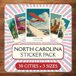 May include: A North Carolina sticker pack with retro illustrations of different cities. The pack includes stickers with images of an aeroplane, buildings, and landscapes. The text on the sticker pack reads "North Carolina Sticker Pack" and "30 Cities x 3 Sizes."