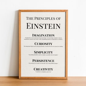 Puede incluir: Un cuadro enmarcado con el texto "The Principles of Einstein" en negro. Debajo, las palabras "Imaginación", "Curiosidad", "Simplicidad", "Persistencia" y "Creatividad", cada una con una cita. El marco es de color marrón claro.