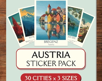 Méga pack d'autocollants Autriche, 30 autocollants de voyage imprimables en 3 tailles, album éphémère de scrapbooking pour journal, autocollants pour ordinateur portable pour Cricut, téléchargement PNG et PDF
