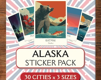 Ensemble d'autocollants vintage de voyage en Alaska : 30 villes éphémères (Téléchargement PNG et PDF