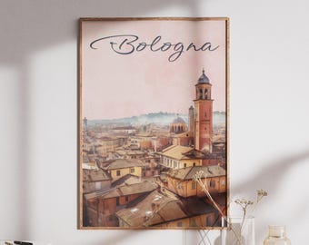 Stampa ad acquerello di Bologna, Italia, Città Rossa, Architettura Medievale (download digitale)