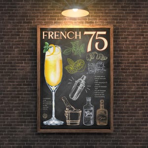 French 75 Cocktail Rezept Wandkunst | Café, Bar & Küchen Dekor | Kreidetafel Menü Tafel Druck | Rustikal und Vintage | Digitaler Download