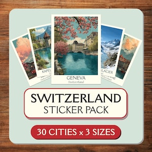 Peut inclure: Un pack d'autocollants avec des images de la Suisse, dont Genève et Glacier. Le pack comprend des autocollants de différentes tailles et présente le texte "SWITZERLAND STICKER PACK" et "30 CITIES x 3 SIZES". Les autocollants ont une esthétique de poster de voyage vintage.