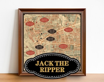 May include: Framed vintage map print with a brown wooden frame. The map is in shades of beige, red, and brown, with red and black labels marking locations. The text "JACK THE RIPPER" is displayed in a black and white label at the bottom.