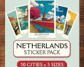 Vintage Netherlands Travel Sticker Set: Dutch Souvenir Decals (PNG & PDF Download)