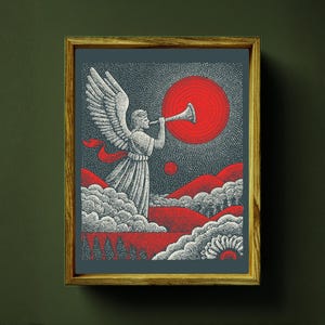 Puede incluir: Impresión artística enmarcada que presenta una ilustración detallada de un ángel tocando una trompeta. La obra de arte utiliza una paleta de colores rojos, blancos y grises con un tema celestial. El ángel está posicionado frente a un sol rojo y colinas rojas.
