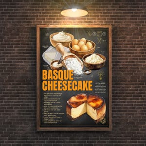 Receta de tarta de queso vasca para pared / Decoración de cocina y panadería artesanal / Impresión de pizarra para cafetería / Aprendices visuales / Descarga instantánea de archivo JPEG 5
