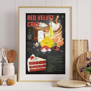 Roter Samtkuchen Rezept Druck | Vintage Bäckerei Wandkunst | Chalkboard Style Dessert Guide | Digitaler Download | Café Patisserie Baker Menü