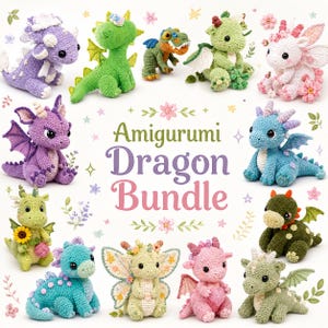 May include: A collection of twelve crocheted amigurumi dragon figures in various colors including purple, green, blue, pink, and white, arranged around the central text Amigurumi Dragon Bundle, featuring floral accents and small star illustrations.