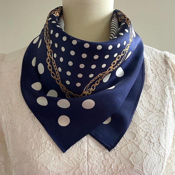 100% Silk Square Scarf, Mulberry Silk Bandana,  Neck Silk Scarf, Hair Scarf, Bag Scarf, 21”x21”/55x55cm, Navy Blue Polka Dots Gold Chain