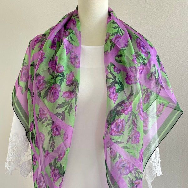 100% Mulberry Silk Chiffon Scarf Hand Rolled Edges Large Square Silk Shawl Head Scarf 41X41” 105x105cm Purple Green Floral Silk Scarf Gifts
