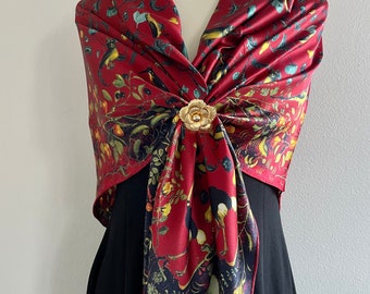 100% Silk Scarf Square Pure Silk Shawl Large Silk Hair Head Scarf 43x43” 110x110cm “Birds Heaven” Cherry Silk Scarf All Season Occasion Gift