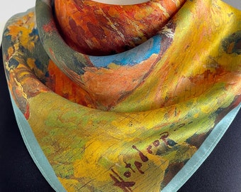 100% Seidenschal Quadratisch Reine Seide Bandana Maulbeerseide Haar Kopftuch 26 “x 26” 67 x 67 cm “Herbstbäume” Erdtöne Schal Geschenk für Sie