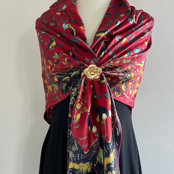 100% Silk Scarf Square Pure Silk Shawl Large Silk Hair Head Scarf 43x43” 110x110cm “Birds Heaven” Cherry Silk Scarf All Season Occasion Gift