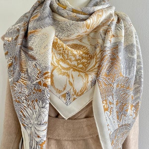 Wool Silk Scarf Luxury Large Square Scarf Shawl Wrap 55x55" 140x140cm Beige Gray Gold Tropical Plants Pattern Head Hair Scarf Holiday Gifts