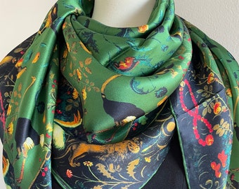 100% Silk Scarf Square Pure Silk Shawl Large Silk Hair Head Scarf 43”x43” 110x110cm “Birds Heaven” Emerald Green Silk Scarf All Season Gifts