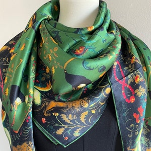 100% Silk Scarf Square Pure Silk Shawl Large Silk Hair Head Scarf 43”x43” 110x110cm “Birds Heaven” Emerald Green Silk Scarf All Season Gifts