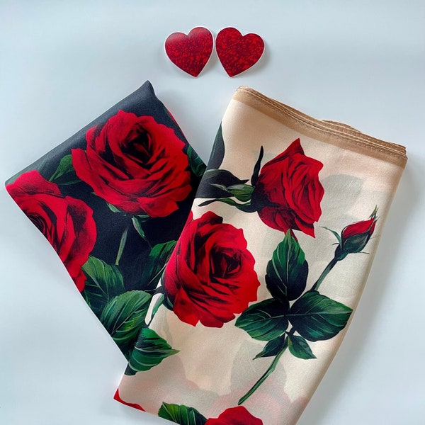 Romantic Gift for Lover Red Roses 100% Silk Scarf Square Mulberry Silk Bandana Pure Silk Neck Hair Scarf 21x21” 55x55cm Floral Silk Scarf