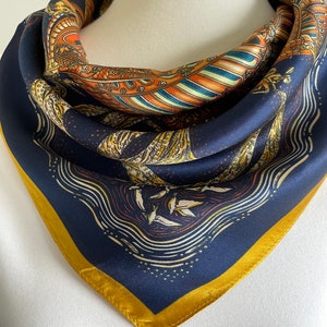 100% Silk Scarf Square Mulberry Silk Bandana Pure Silk Neck Hair Scarf 21x21” 55x55cm “River of the Tower” Silk Scarf All Season Gifts