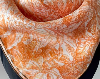Maulbeerseide Köper Schal Tropisches Paradies 35 ”90 cm quadratisch Orange Große Seide Haar Blumendruck Handgerollte Kanten Schal Geschenk für Sie