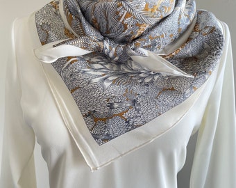 100% Silk Twill Luxury Large Scarf Square Shawl Wrap 43”x43” 110x110cm Beige “Tropical Plants” Pattern Head Hair Silk Scarf Gift for Her Mom