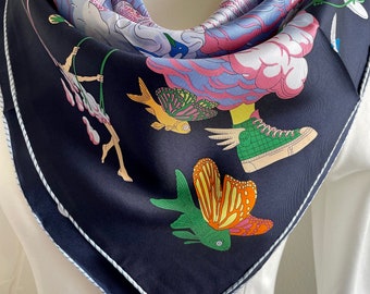 100% Silk Twill Scarf Large Shawl Silk Bandana Silk Hair Head Scarf 35x35” 90x90cm “Fun in Clouds” Dark Navy Silk Scarf Square Unisex Gifts