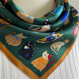 100% Silk Scarf Square Silk Bandana Pure Silk Neck Hair Scarf 21”x21”Emerald Green Various Cute Cat Silk Scarf All Season Gift for Cat Lover