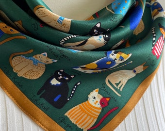 100% Silk Scarf Square Mulberry Silk Bandana Pure Silk Neck Hair Scarf 21x21 55x55cm Emerald Green Various Cute Cats Silk Scarf Holiday Gift