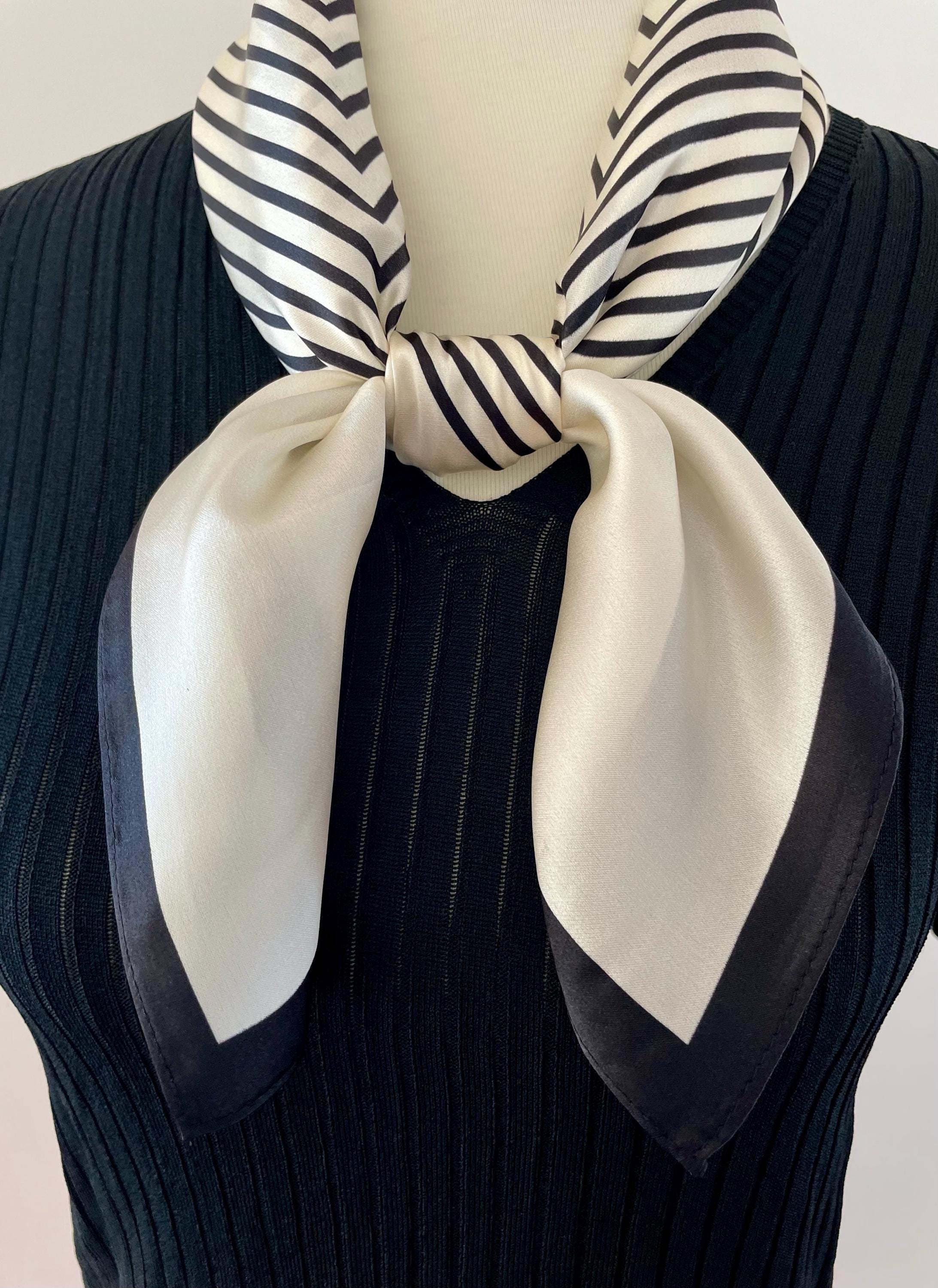 Mulberry Silk Scarf Black White Striped Minimalist Silk  display picture 1