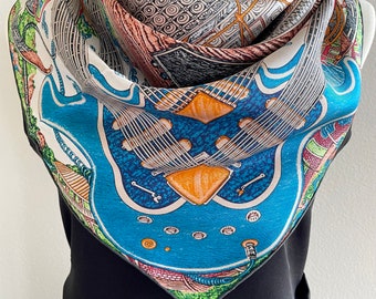 100% Silk Twill Scarf Large Shawl Silk Bandana Silk Hair Head Scarf 35”x35” 90x90cm “Rock Concert” Blue Silk Scarf Square All Season Gifts