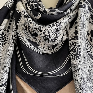 Wool Silk Luxury Extra Large Scarf Square Shawl Wrap 55”x55” 140x140cm “Lace Horses” Black White Head Hair Scarf All Season Unisex Gifts