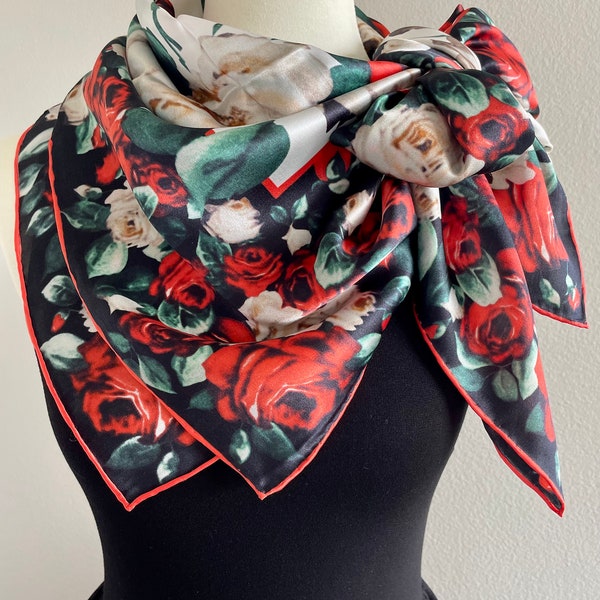 100% Silk Scarf Square Pure Silk Shawl Mulberry Silk Hair Head Scarf 43x43” 110x110cm “Red and White Rose” Large Silk Scarf Valentines Gifts