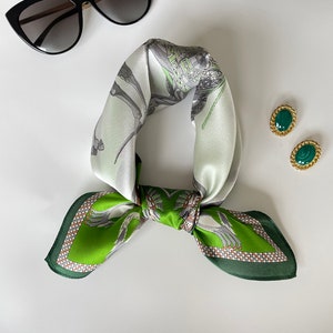 100% Silk Square Scarf Mulberry Silk Bandana Pure Silk Neck Hair Bag Scarf 21”x21” Green Floral Horses Silk Scarf All Season Unisex Gift