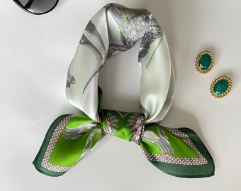 100% Silk Square Scarf, Mulberry Silk Bandana, Pure Silk Neck/Hair/Bag Scarf, 21x21”/55x55cm, Green Floral Horses Silk Scarf, Gift for Woman