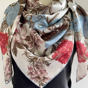 100% Silk Scarf Square Pure Silk Shawl Large Silk Hair Head Scarf 43x43” 110x110cm Burgundy Blossom Floral Silk Scarf All Season Woman Gift