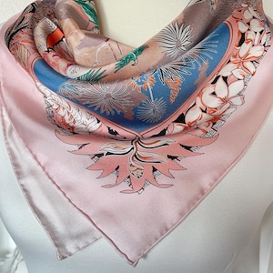 100% Silk Twill Scarf Square Pure Silk Bandana Silk Hair Head Scarf 26x26” 67x67cm “Aloha” Tropical Pink Scarf All Season Gift for Women