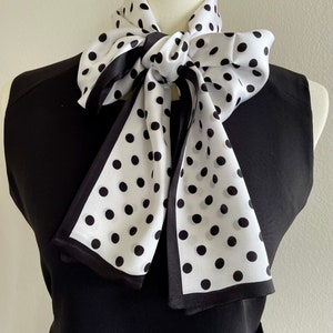 100% Silk Long Scarf Pure Silk Bandana Mulberry Silk Head Hair Scarf 59x6” 150x17cm Black White Polka Dots Double Sided Long Silk Scarf Gift