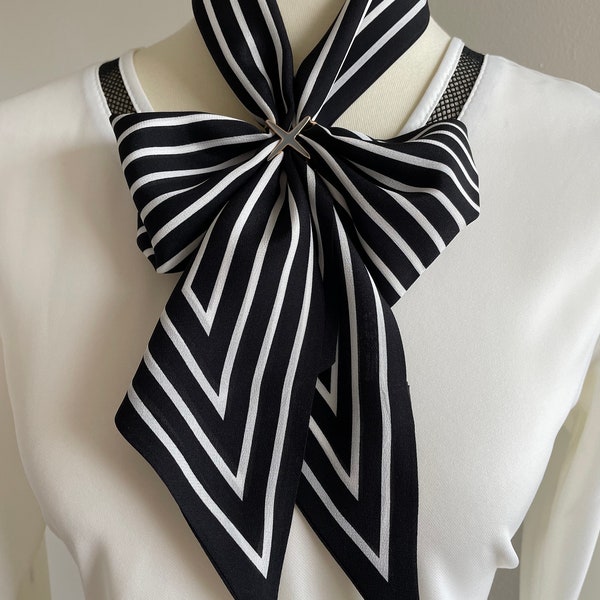 100% Silk Scarf Long Pure Silk Bandana Mulberry Silk Hair Hat Scarf 47x3.5” 120x10cm Black White Stripes Minimalist Silk Scarf Holiday Gifts